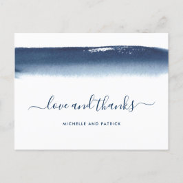 Cartão Postal De Anúncio Agradecimento de Casamento Azul Naval Aquarela Mod