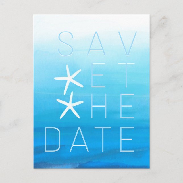 Cartão Postal De Anúncio Água azul Beach Wedding Save the Date aquarela (Frente)
