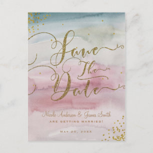 Cartão Postal De Anúncio Água Colorida Glam Moderna Dourado Salve a Data