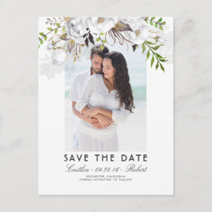 Cartão Postal De Anúncio Água-forte Floral Branca Foto Save the Date