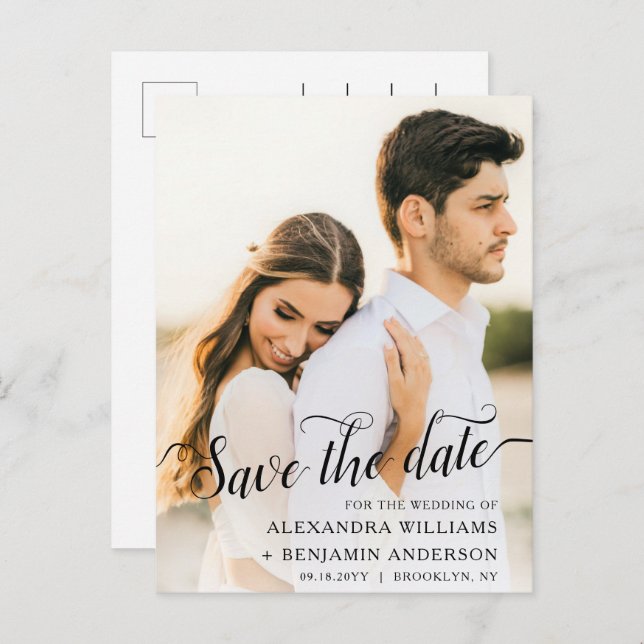 Cartão Postal De Anúncio Alexandra Elegante Caligrafia Foto Save the Date (Frente/Verso)