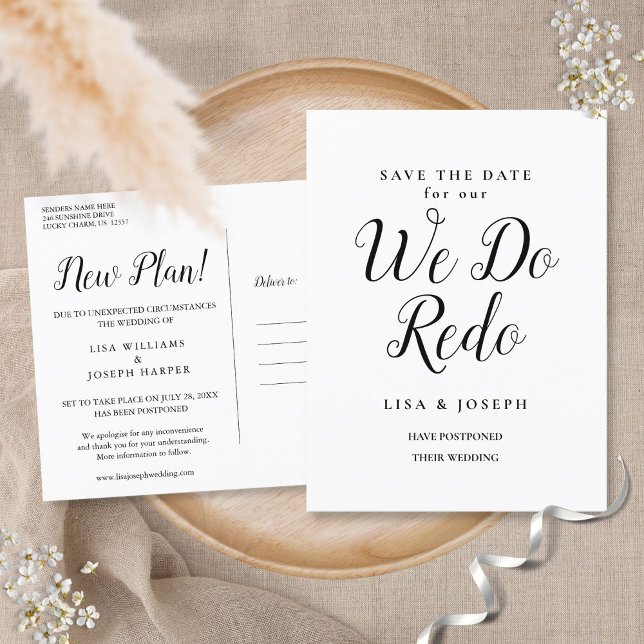 Cartão Postal De Anúncio Altere a data adiada Fazemos o Refazer (Criador carregado)