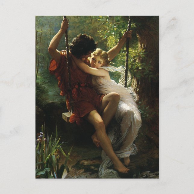 Cartão Postal De Anúncio Amantes em um Swing. Primavera, Salve a Data (Frente)