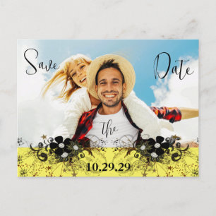 Cartão Postal De Anúncio Amarelo e roxo Salve a data com sua foto