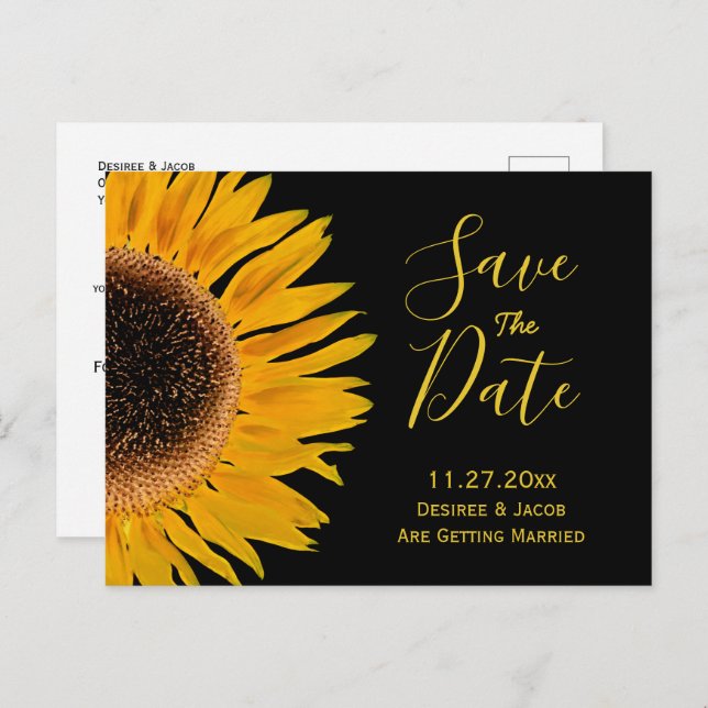 Cartão Postal De Anúncio Amarelo Rústico Girassol Preto Save The Date (Frente/Verso)