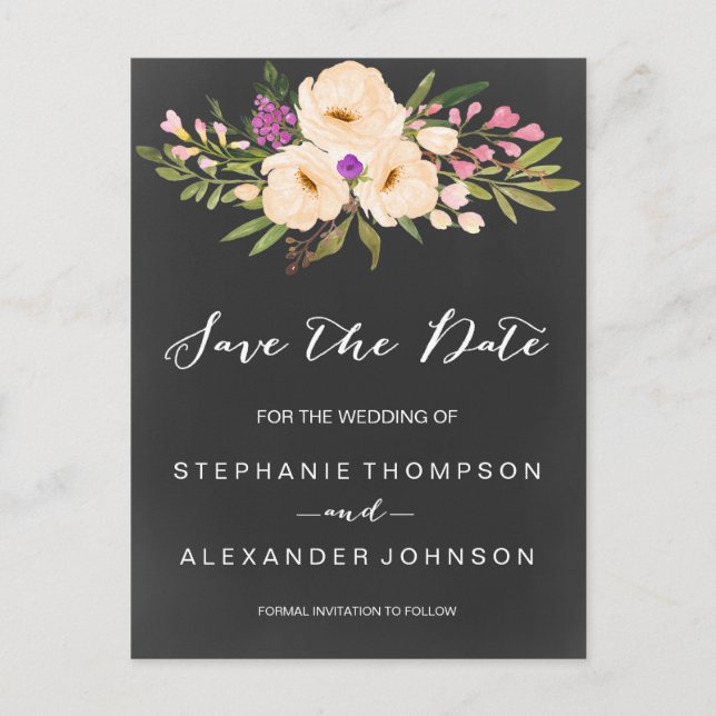 Cartão Postal De Anúncio Anêmonas de Aquarela de Chalkboard Salvar a Data (Frente)