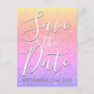 Cartão Postal De Anúncio Aniversário Arco-íris Brilho Glitter Save the Date