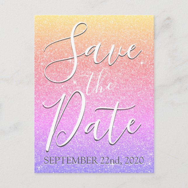 Cartão Postal De Anúncio Aniversário Arco-íris Brilho Glitter Save the Date (Frente)