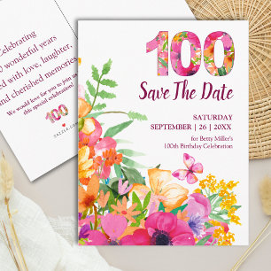 Cartão Postal De Anúncio Aniversário de 100 anos Floral Borboleta Salve a D