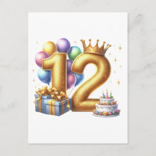 Cartão Postal De Anúncio Aniversário de 12 anos dourado