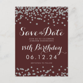 Cartão Postal De Anúncio Aniversário de 18 anos Save Date Confetes Borgonha
