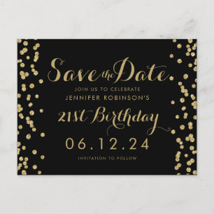 Cartão Postal De Anúncio Aniversário de 21 anos dourado Confete Preto Salve