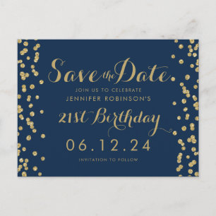 Cartão Postal De Anúncio Aniversário de 21 anos Gold Navy Salve A Data Conf