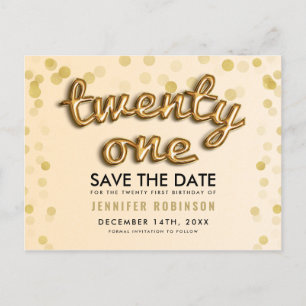Cartão Postal De Anúncio Aniversário de 21 anos Salve A Data Balões Dourado