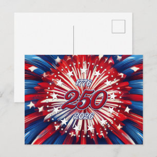 Cartão Postal De Anúncio Aniversário de 250 anos da América 1776-2026 Fogos