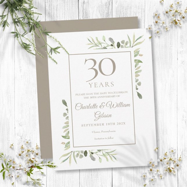 Cartão Postal De Anúncio Aniversário de 30 anos Salve a Data Aguarela Folha (30th Anniversary Save the Date Watercolor Greenery Announcement Postcard)