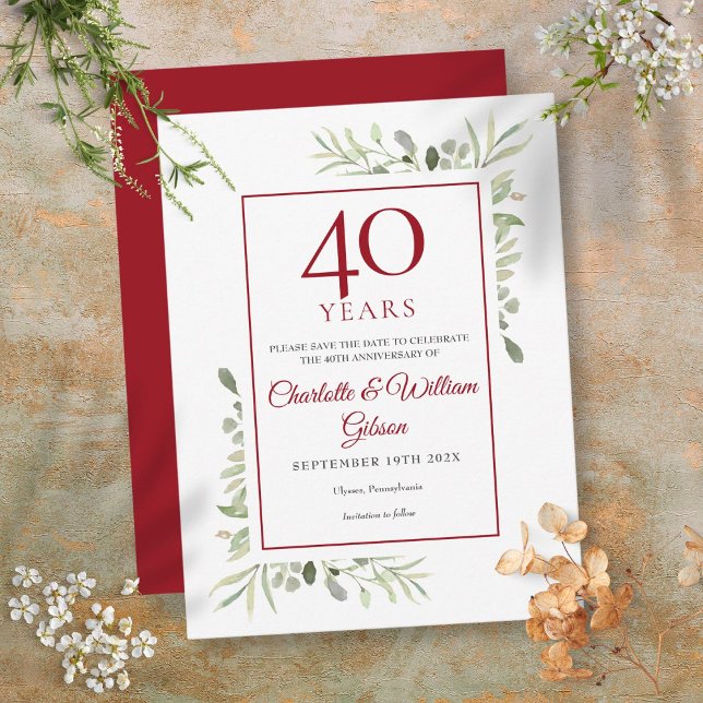 Cartão Postal De Anúncio Aniversário de 40 anos Greenery Save the Date (Greenery 40th Anniversary Save the Date Announcement Postcard)