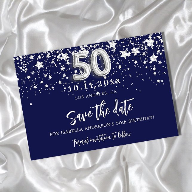 Cartão Postal De Anúncio aniversário de 50 anos azul marinho estrelas prate (Criador carregado)