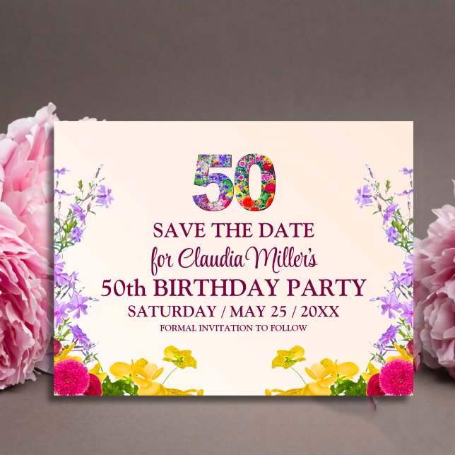Cartão Postal De Anúncio Aniversário de 50 anos floral moderno festa de 50  (Criador carregado)