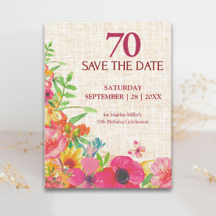 Cartão Postal De Anúncio Aniversário de 70 anos Bold Floral Linen Save The