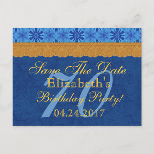 Cartão Postal De Anúncio Aniversário de 70 anos Save the Date Azul e Renda