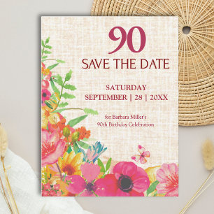 Cartão Postal De Anúncio Aniversário de 90 anos Bold Floral Linen Save The