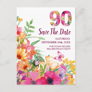 Cartão Postal De Anúncio Aniversário de 90 anos floral Salve a Data, Elegan