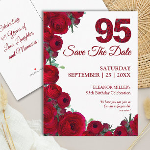 Cartão Postal De Anúncio Aniversário de 95 anos em Vermelho Ousado Floral S
