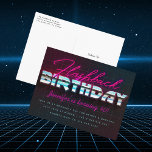 Cartão Postal De Anúncio Aniversário do Flashback dos anos 80<br><div class="desc">Neon "Flashback" sobre fundo do estilo 80s e cromo brilhante "Birthday" em tipo futurista. Personalize com seus detalhes na frente e atrás; adicione mais fotos e/ou texto no verso,  mostrado no cartão postal,  transfira para o convite padrão ou encontre um na minha loja.</div>