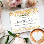 Cartão Postal De Anúncio Aniversário elegante de ouro branco Salve a Data<br><div class="desc">Uma cinta e moente Salve a placa de data para uma festa de aniversário (ou qualquer idade) de 30. Um fundo na moda branco decorado com faíscas douradas. O texto: Salvar a Data é gravado com um script de estilo com letra de tendência grande.</div>