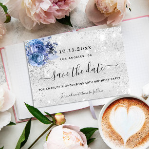 Cartão Postal De Anúncio Aniversário flores azuis prateadas em script save 