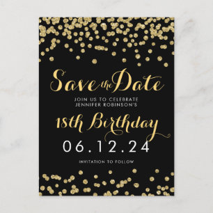 Cartão Postal De Anúncio Aniversário Salve a Data Dourada Glitter Confetti 