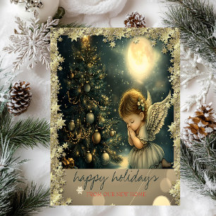 Cartão Postal De Anúncio Anjos Estrelas de Natal em Árvore de Natal Antiga
