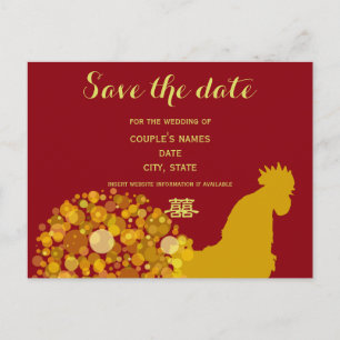 Cartão Postal De Anúncio Ano Festivo do Galo Dourado Vermelho Casamento Chi
