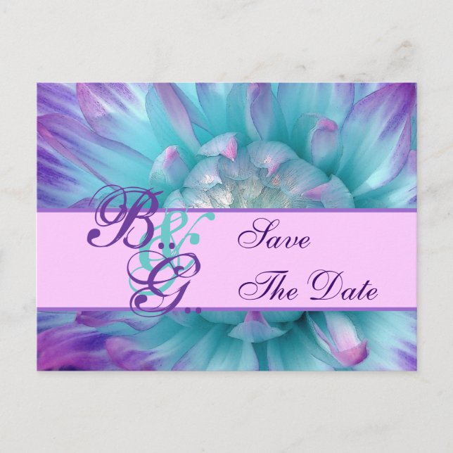 Cartão Postal De Anúncio Aqua e Pétalas de Flor Roxo Salvem a Data (Frente)