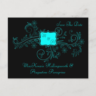 Cartão Postal De Anúncio Aqua Preto Monograma Floral Ondas Salvar Data