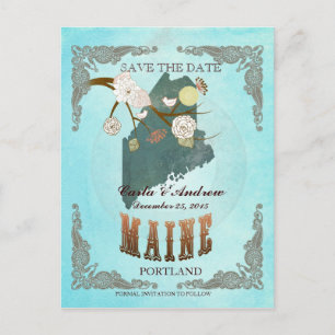 Cartão Postal De Anúncio Aqua Salve A Data - Maine Map Com Aves Adoráveis