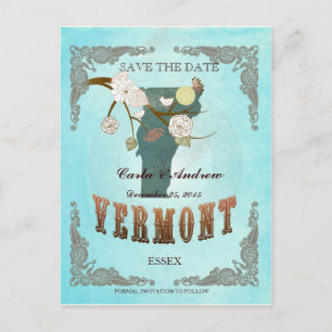 Cartão Postal De Anúncio Aqua Salve O Dia -Mapa de Vermont Com Lindos Pássa