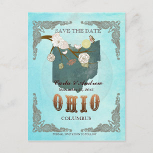 Cartão Postal De Anúncio Aqua Save The Date - Mapa de Ohio Com Lindos Pássa