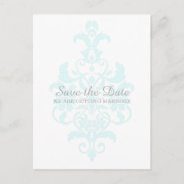 Cartão Postal De Anúncio Aqua Sutil Damask Save the Date Postcard