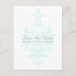 Cartão Postal De Anúncio Aqua Sutil Damask Save the Date Postcard