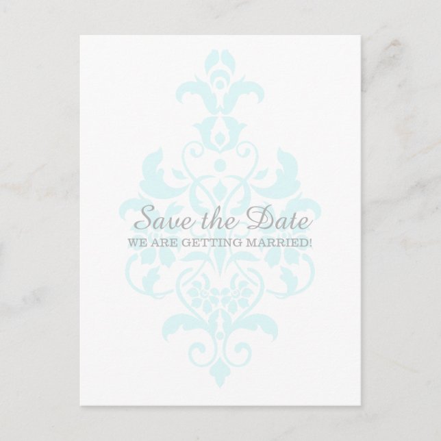 Cartão Postal De Anúncio Aqua Sutil Damask Save the Date Postcard (Frente)