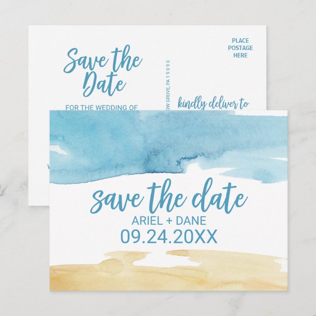 Cartão Postal De Anúncio Aquarela Areia e Mar Salve a Data (Frente/Verso)