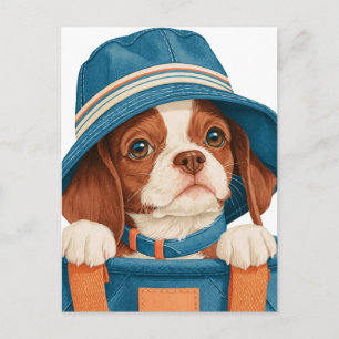 Cartão Postal De Anúncio Aquarela Cachorro Marrom Branco Bonito Chapéu Azul