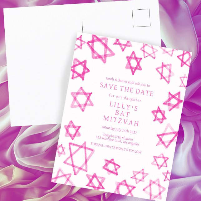 Cartão Postal De Anúncio Aquarela Estrela de David Rosa Fofo Bar Mitzvah Ba (Watercolor Cute Pink Star of David Bar Bat Mitzvah Save the Date Announcement Postcard
)