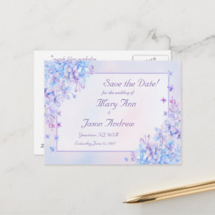 Cartão Postal De Anúncio Aquarela Flor Lilás Roxo Azul Salva a Data