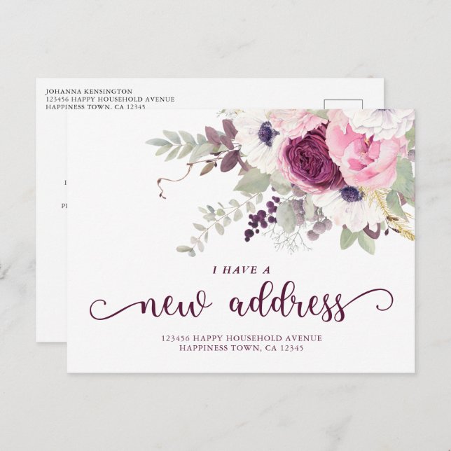 Cartão Postal De Anúncio Aquarela Floral Mudei de Endereço Anno (Frente/Verso)