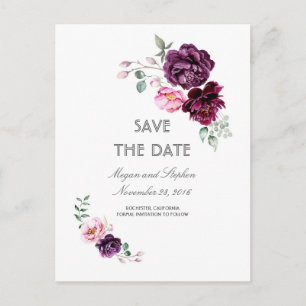 Cartão Postal De Anúncio Aquarela Floral Roxo Ameixa Save the Date