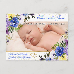 Cartão Postal De Anúncio Aquarela Flores de Verão Roxo e Azul Nascimento de