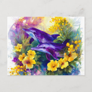 Cartão Postal De Anúncio Aquarela Golfinhos Flores Tropicais Oceano